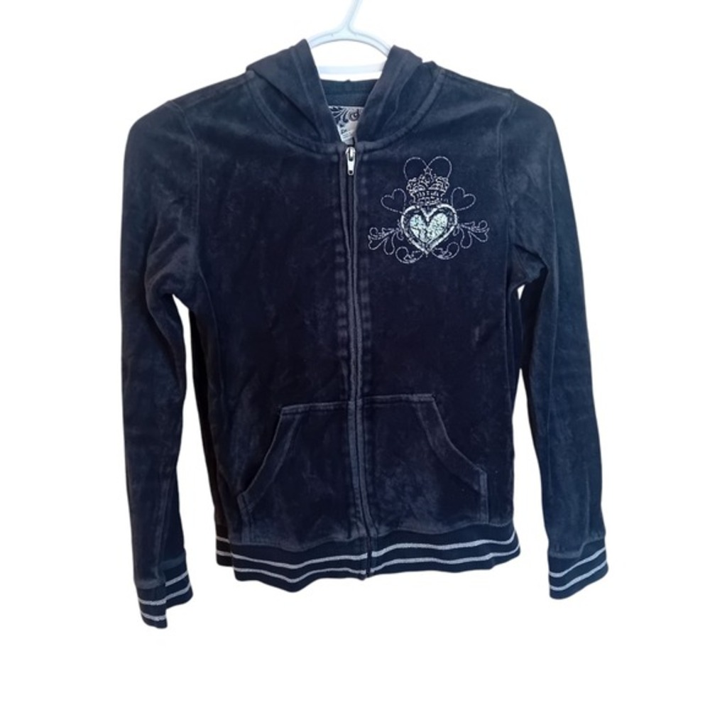 Y2K Children's Place Girls Velour Hoodie Zip Princess Rock Graphic Sweatshirt‎ L